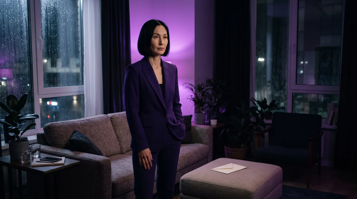 Adult woman with a black bob and purple suit beside a sofa and a blank envelope in a violet-lit room.