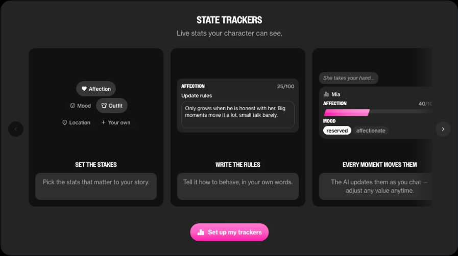 OurDream public documentation showing State Trackers and their update rules