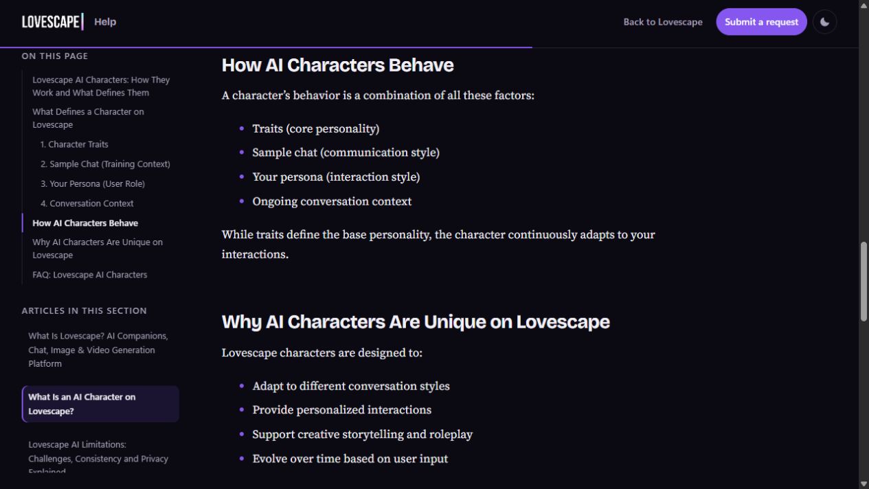 Lovescape help lists traits, sample chat, user persona and conversation context under How AI Characters Behave.